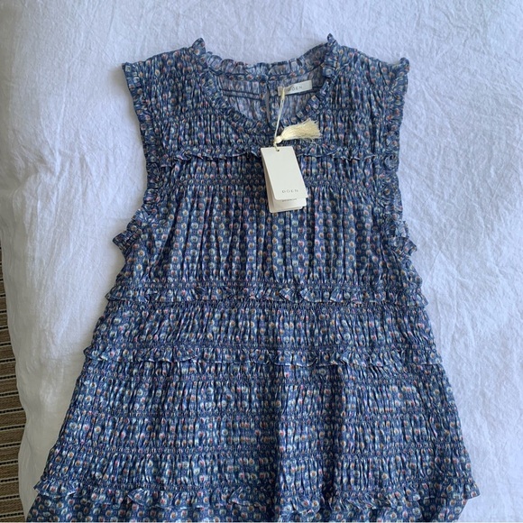 NWT Doen Tracie Cotton Smocked Ruffle Sleeve A Line Mini Dress Dahlia Ikat Blue - Picture 7 of 13